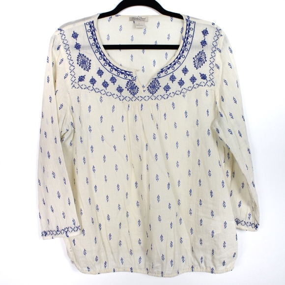 Lucky Brand Tops - Lucky Brand Large Cream Blue Embroidered Blouse